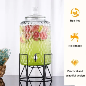 Glass Beverage Dispenser with Tap 10L 11L Large Cylinder with Stand for Weddings Parties