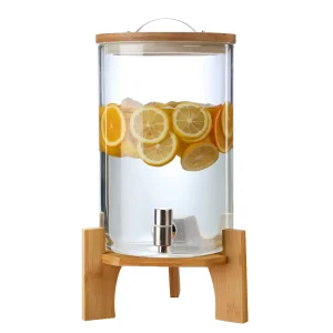 Glass Beverage Dispenser with Wooden Stand Lid Tap Multi Use for Juice Water Beer Cold Drinks Party Home or Commercial Use