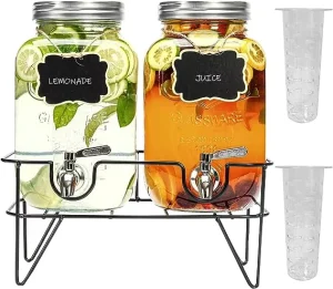 Glass Drink Dispenser 2 Pack with Stand for Lemonade and Iced Tea