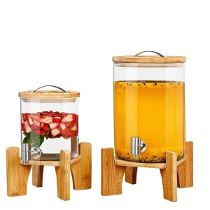 Glass Drink Dispenser with Faucet, Bamboo Lid, and Wooden Base