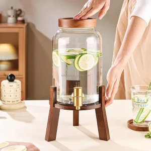 Glass Juice Dispensers Beverage Pitcher with Wood Lid Lemonade Large Container Drinks Server for Tea Party Wedding Bar Liquid