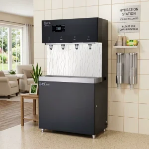Glass Panel Stainless Steel 4-Faucet Electric Hot and Cold Commercial Freestanding Drinking Water Fountain Dispenser