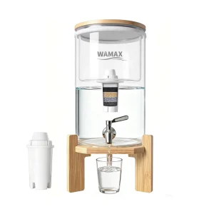 Gravity Glass Water Filter Dispenser Countertop Water Purifier System with Wooden Stand and 1 Filters for Home and Office