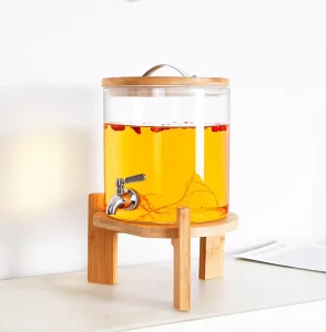 Heat-Resistant Glass Juice, Alcohol, and Cold Drink Dispenser with Tap and Bamboo Lip