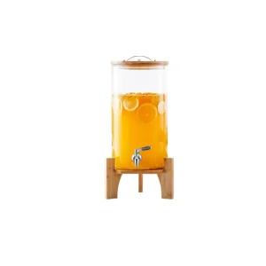 Heat Resistant Glass Juice and Cold Drink Dispenser with Wooden Rack, Lid and Spigot