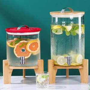 High-Borosilicate Glass Beverage Dispenser with Tap Bamboo Lid and Wooden Stand for Juice