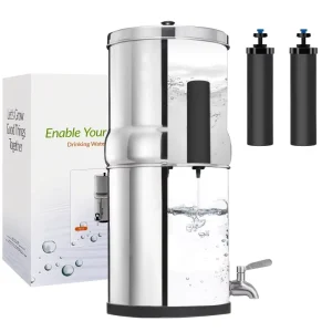 High-Capacity Gravity-Fed Water Filter System 2.25 Gallon Stainless Steel Countertop System Chlorine Reduction