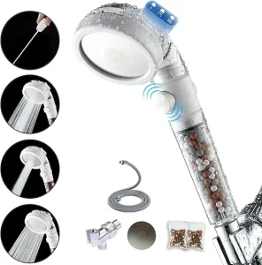 High Pressure 3 Functions Rainfall Negative Ion Stone Filter White Handheld Shower Head with One Click Stop Button Bathroom Set