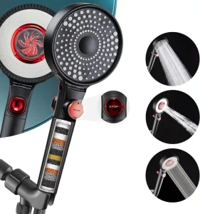 High Pressure Adjustable Flow 3 Modes Handheld Turbo Shower Head PP Cotton Filtered Hard Water for Skin Care ON OFF Button