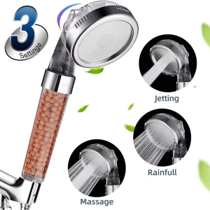 High Pressure Water Saving Spray Shower Head 3 Adjustable Settings Chrome Finish PC Material Bathroom Faucet