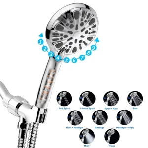 Holmine Modern 9 Function Adjustable High Pressure Shower Head Water Saving Handheld Spray Nozzle Filter for Bathroom Rainfall