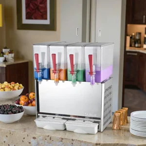 Hot and Cold Dual Temperature Refrigerated 4-Tank Stainless Steel Beverage Dispenser for Vegetable and Fruit Juices