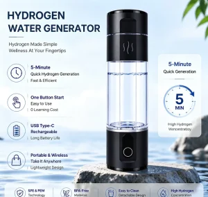 Hydrogen Water Bottle Generator 5000ppb Molecular Hydrogen SPE PEM Technology Portable for Gym Office and Travel Black