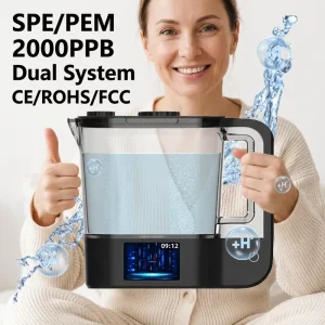 Hydrogen Water Pitcher Generator 2 L 2000 PPB SPE PEM with Dual Electrolytic Cells