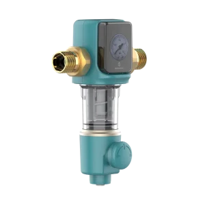 Inline Whole House Pre Filter with Real Time Pressure Gauge and Water Turbine Cleaning System