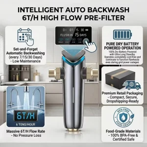 Intelligent Auto Backwash Whole House 6T H High Flow Spin Sediment Water Filter Stainless Steel 316L Battery Operated 5 Year