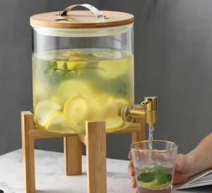 Large Borosilicate Glass Beverage Dispenser with Bamboo Stand Gold Spigot and Airtight Jar for Lemonade and Iced Tea