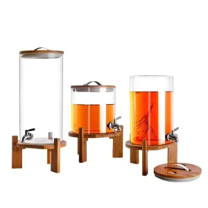 Large Food-Grade Glass Drink Dispenser with Bamboo Stand and Tap for Juice and Beverages