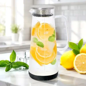 Modern Clear Glass Water Carafe with Handle and Non slip Base Silicone Bottom High Borosilicate Glass Juice Jug for Kitchen