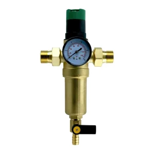 Pre-Filter with Pressure Regulator, Gauge, 1 Inch Tap Water Connector, and Adapters to 3/4 Inch and 1/2 Inch Connections