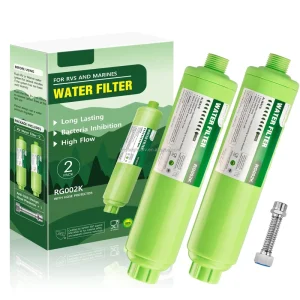 RV Inline Water Filter with Flexible Hose Protector Reduces Bad Taste Rust Chlorine Ideal for RV and Marine 2 Pack