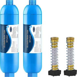 RV Inline Water Filter with Flexible Hose Protector for Reducing Chlorine, Odor, Taste, Rust, and Fluoride