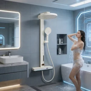 Square Brass LED Thermostatic Shower Faucet Set Soft Rain Massage Jet 5 Year Warranty Brushed Finish CE ROHS Hotels