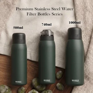 Stainless Steel Activated Carbon Insulated Water Filter Bottle 500 ml/740 ml/1000 ml for Camping Hiking Travel and Car Use