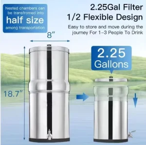 Stainless Steel Countertop Gravity-Fed Water Filter with 2-Stage Filtration for Outdoor and Household Use