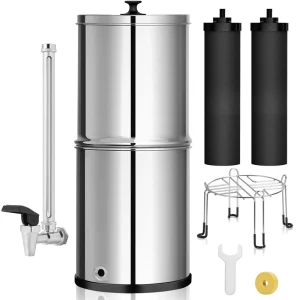 Stainless Steel Countertop Manual Cold Gravity Water Filter with Anti-Slip Stand and 99% Chlorine Reduction