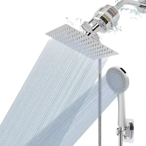 Stainless Steel Filtered Shower Head High Pressure 8″ Square 5 Settings Handheld Rain Shower Filter Combo Self-adhesive