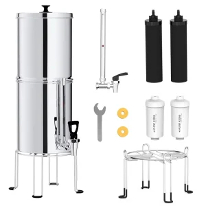 TDS Gravity-Fed Water Filter System, 2.25 Gallon Stainless Steel, Wall-Mounted, 3-Stage Ceramic Filters