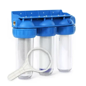 Triplex 3 4″ IN OUT Brass Threads Inline 3 Stage Water Filter System Undersink Pre Filtro De Agua Clear Housings with Filters