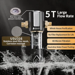 Whole House Brass Water Pre Filter with 40 Micron 316 Stainless Steel Mesh and Backwash System