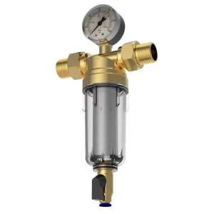 Whole House Self-Cleaning Brass, Copper and Stainless Steel Water Prefilter with Pressure Gauge