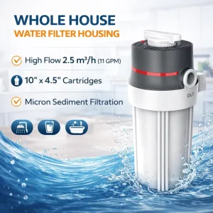 Whole House Water Filter System High Flow 2.5 M³/h Water Filter Housing with 10″ x 4.5″ Sediment Filter and Bypass Valve